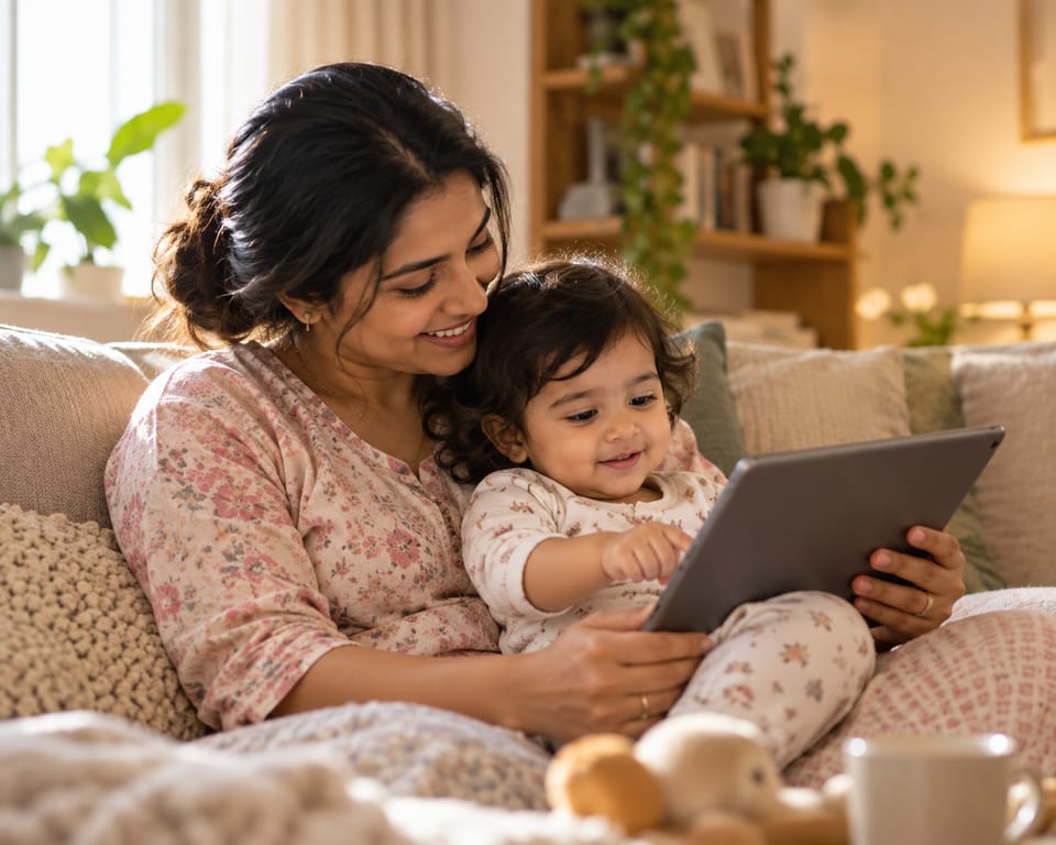 A parent with their baby at home